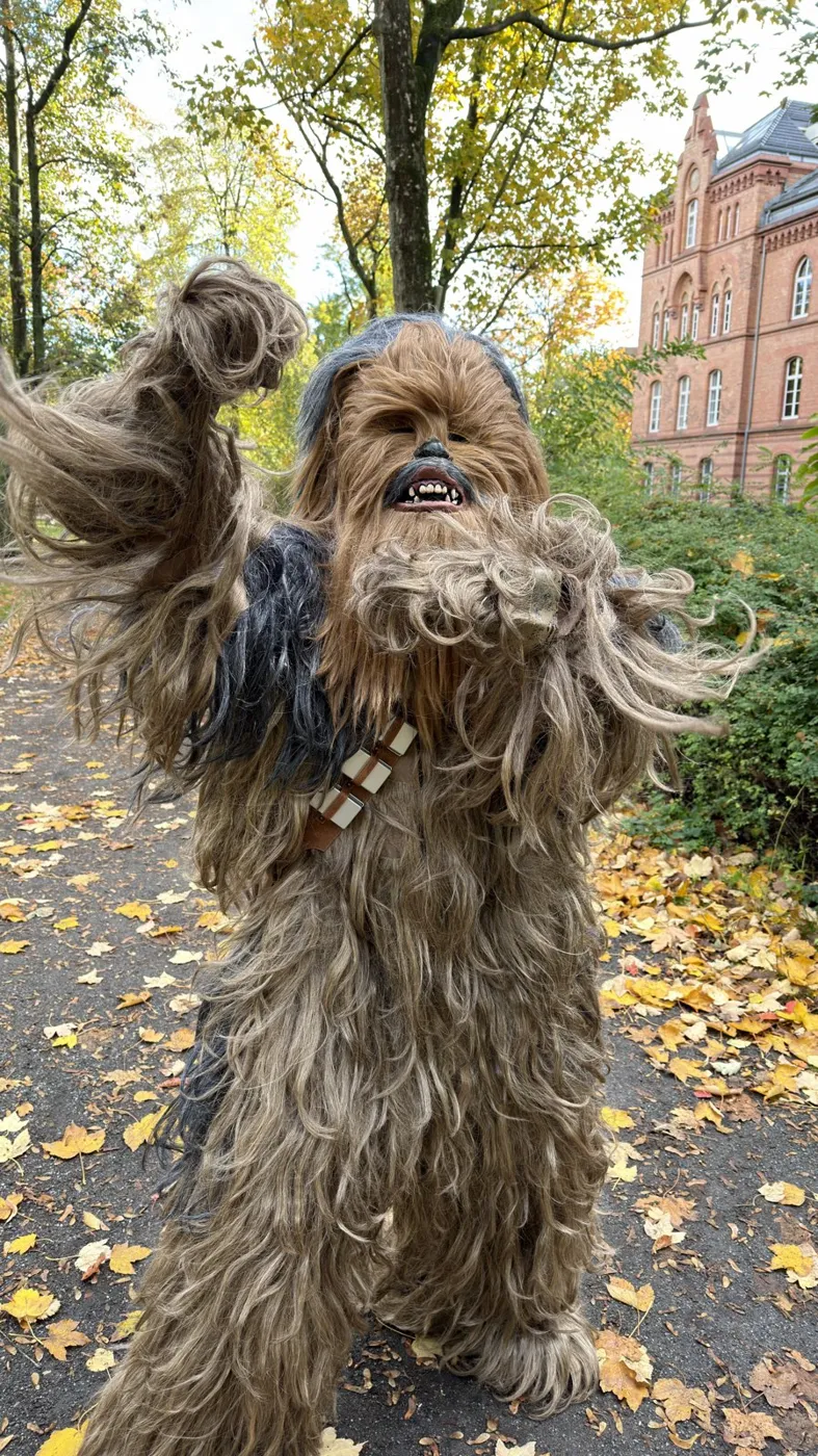 Nahaufnahme: Chewbacca mit Maske, Fell und Patronengurt